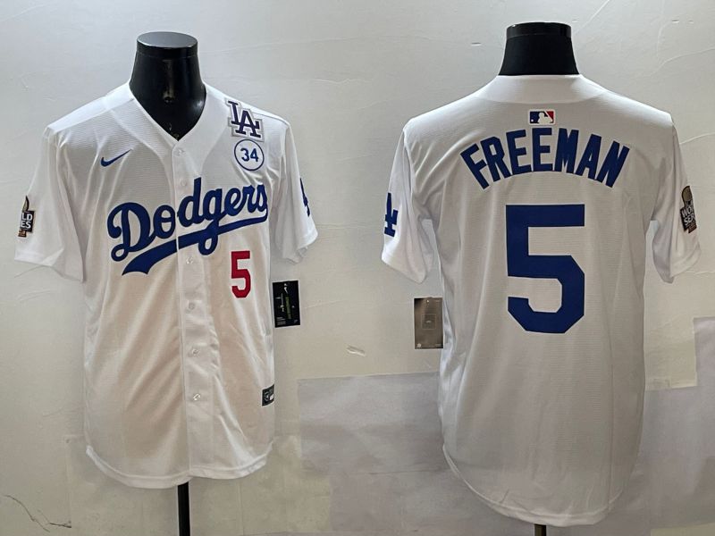 Men Los Angeles Dodgers 5 Freeman White Blue Fashion Game 2025 Nike MLB Jersey style 3263
